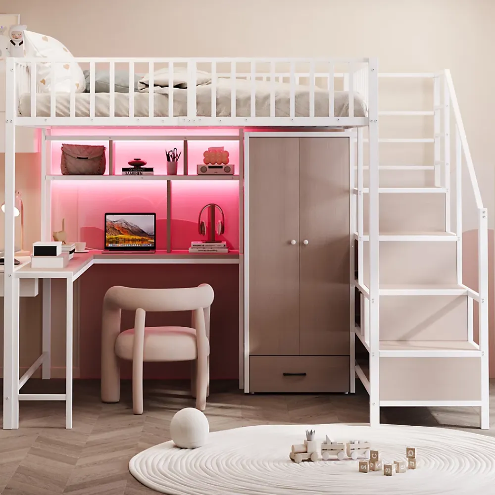 ModernLuxe Lit mezzanine en métal 140x200 cm avec LED - avec étagères - armoire+tiroir - échelle de rangement - blanc (sans matelas)* Lit Mezzanine