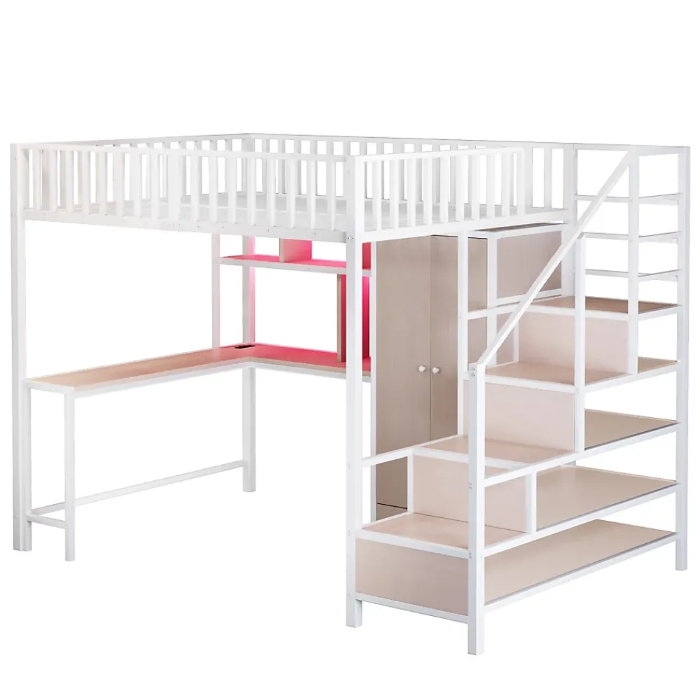 ModernLuxe Lit mezzanine en métal 140x200 cm avec LED - avec étagères - armoire+tiroir - échelle de rangement - blanc (sans matelas)* Lit Mezzanine