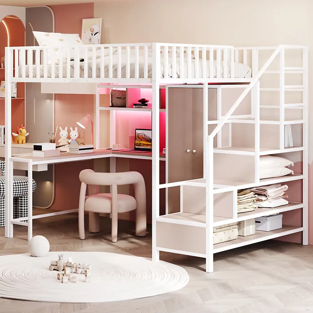 ModernLuxe Lit mezzanine en métal 140x200 cm avec LED - avec étagères - armoire+tiroir - échelle de rangement - blanc (sans matelas)* Lit Mezzanine