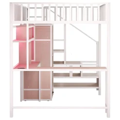ModernLuxe Lit mezzanine en métal 140x200 cm avec LED - avec étagères - armoire+tiroir - échelle de rangement - blanc (sans matelas)* Lit Mezzanine