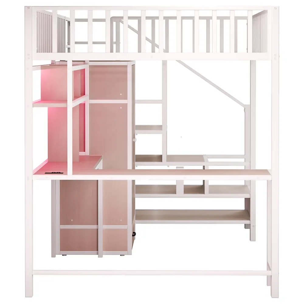 ModernLuxe Lit mezzanine en métal 140x200 cm avec LED - avec étagères - armoire+tiroir - échelle de rangement - blanc (sans matelas)* Lit Mezzanine