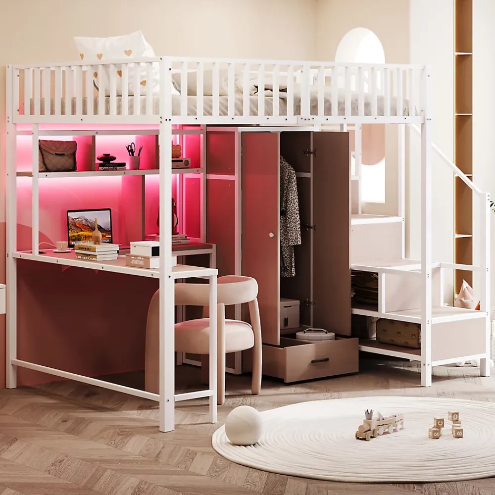 ModernLuxe Lit mezzanine en métal 140x200 cm avec LED - avec étagères - armoire+tiroir - échelle de rangement - blanc (sans matelas)* Lit Mezzanine