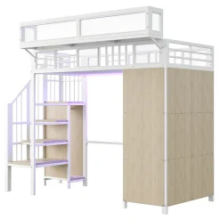 ModernLuxe Lit mezzanine en métal 90x200cm avec armoire - échelle de sécurité - avec LED - barrières de sécurité - blanc (sans matelas)* Lit Mezzanine