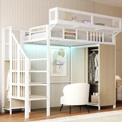 ModernLuxe Lit mezzanine en métal 90x200cm avec armoire - échelle de sécurité - avec LED - barrières de sécurité - blanc (sans matelas)* Lit Mezzanine