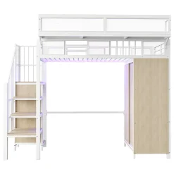 ModernLuxe Lit mezzanine en métal 90x200cm avec armoire - échelle de sécurité - avec LED - barrières de sécurité - blanc (sans matelas)* Lit Mezzanine