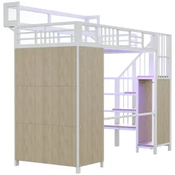 ModernLuxe Lit mezzanine en métal 90x200cm avec armoire - échelle de sécurité - avec LED - barrières de sécurité - blanc (sans matelas)* Lit Mezzanine