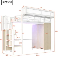 ModernLuxe Lit mezzanine en métal 90x200cm avec armoire - échelle de sécurité - avec LED - barrières de sécurité - blanc (sans matelas)* Lit Mezzanine
