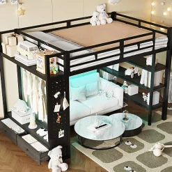 Lit mezzanine en métal 140x200cm avec LED - Armoire ouverte et 2 tiroirs - Étagères+panneaux de rangement - Noir (sans matelas)>ModernLuxe Discount