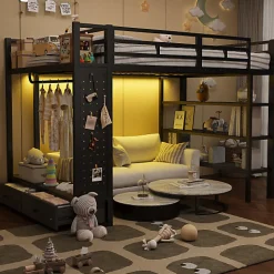 Lit mezzanine en métal 140x200cm avec LED - Armoire ouverte et 2 tiroirs - Étagères+panneaux de rangement - Noir (sans matelas)>ModernLuxe Discount