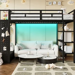 Lit mezzanine en métal 140x200cm avec LED - Armoire ouverte et 2 tiroirs - Étagères+panneaux de rangement - Noir (sans matelas)><noscript><img width=