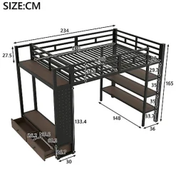 Lit mezzanine en métal 140x200cm avec LED - Armoire ouverte et 2 tiroirs - Étagères+panneaux de rangement - Noir (sans matelas)><noscript><img width=