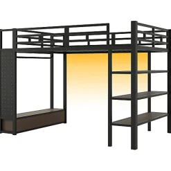 Lit mezzanine en métal 140x200cm avec LED - Armoire ouverte et 2 tiroirs - Étagères+panneaux de rangement - Noir (sans matelas)><noscript><img width=