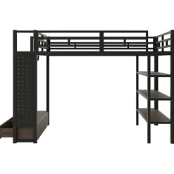 Lit mezzanine en métal 140x200cm avec LED - Armoire ouverte et 2 tiroirs - Étagères+panneaux de rangement - Noir (sans matelas)><noscript><img width=