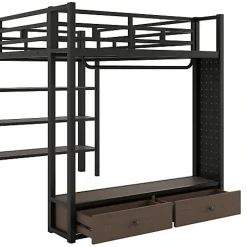 Lit mezzanine en métal 140x200cm avec LED - Armoire ouverte et 2 tiroirs - Étagères+panneaux de rangement - Noir (sans matelas)><noscript><img width=