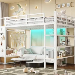 ModernLuxe Lit mezzanine en métal 140x200cm avec LED - Armoire ouverte et 2 tiroirs - Étagères+panneaux de rangement - Blanc (sans matelas)* Lit Mezzanine