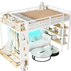 ModernLuxe Lit mezzanine en métal 140x200cm avec LED - Armoire ouverte et 2 tiroirs - Étagères+panneaux de rangement - Blanc (sans matelas)* Lit Mezzanine