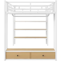 ModernLuxe Lit mezzanine en métal 140x200cm avec LED - Armoire ouverte et 2 tiroirs - Étagères+panneaux de rangement - Blanc (sans matelas)* Lit Mezzanine