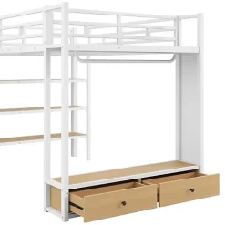 ModernLuxe Lit mezzanine en métal 140x200cm avec LED - Armoire ouverte et 2 tiroirs - Étagères+panneaux de rangement - Blanc (sans matelas)* Lit Mezzanine