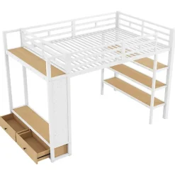 ModernLuxe Lit mezzanine en métal 140x200cm avec LED - Armoire ouverte et 2 tiroirs - Étagères+panneaux de rangement - Blanc (sans matelas)* Lit Mezzanine