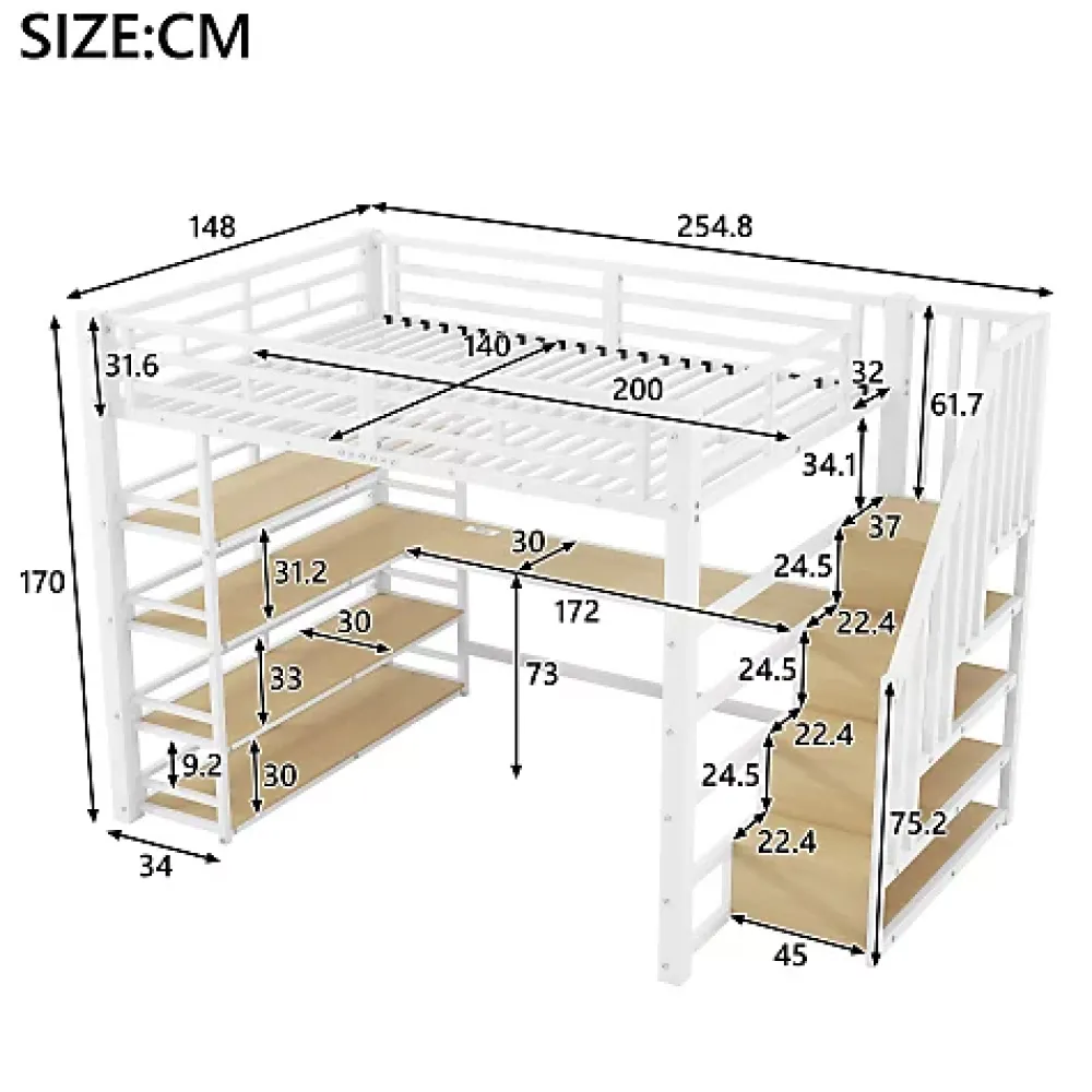 ModernLuxe Lit mezzanine en métal 140x200cm - Avec bureau et compartiments de rangement - Avec LED et port USB - MDF - Blanc (sans matelas)* Lit Mezzanine