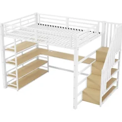 ModernLuxe Lit mezzanine en métal 140x200cm - Avec bureau et compartiments de rangement - Avec LED et port USB - MDF - Blanc (sans matelas)* Lit Mezzanine