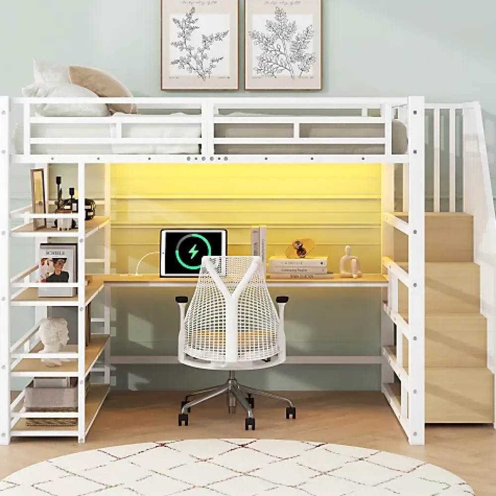 ModernLuxe Lit mezzanine en métal 140x200cm - Avec bureau et compartiments de rangement - Avec LED et port USB - MDF - Blanc (sans matelas)* Lit Mezzanine