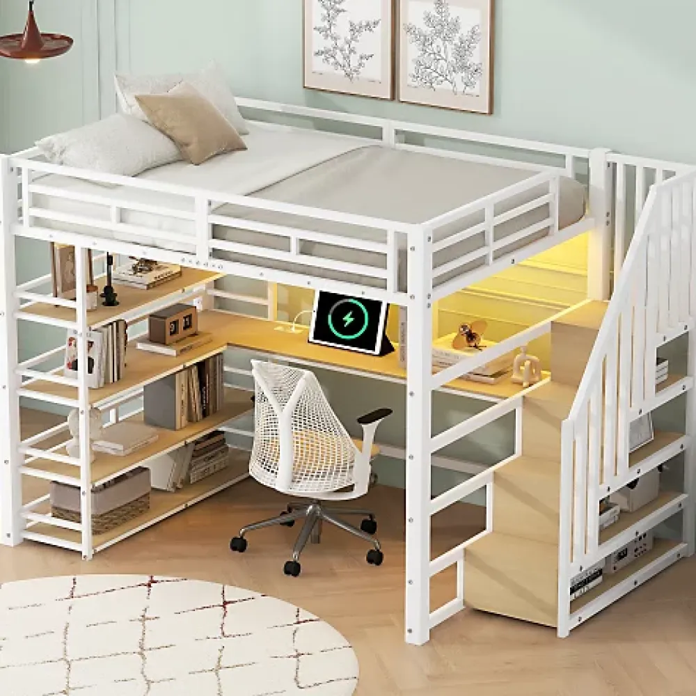 ModernLuxe Lit mezzanine en métal 140x200cm - Avec bureau et compartiments de rangement - Avec LED et port USB - MDF - Blanc (sans matelas)* Lit Mezzanine