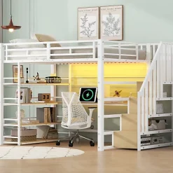 ModernLuxe Lit mezzanine en métal 140x200cm - Avec bureau et compartiments de rangement - Avec LED et port USB - MDF - Blanc (sans matelas)* Lit Mezzanine