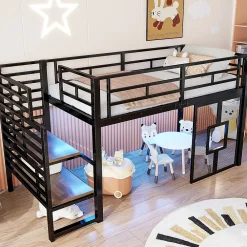 ModernLuxe Lit mezzanine en métal 90x200cm - Avec escalier de rangement - Avec éclairage LED - Design fenêtre - Noir ( sans matelas )* Lit Mezzanine