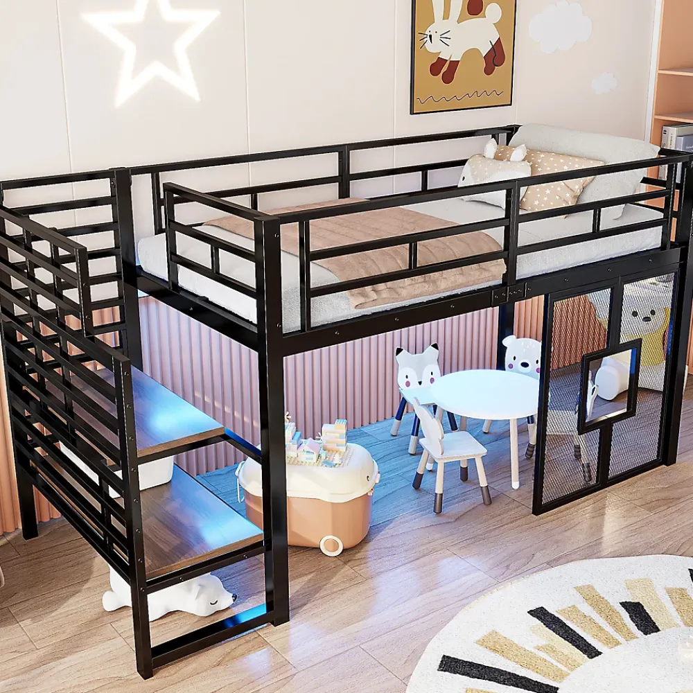 ModernLuxe Lit mezzanine en métal 90x200cm - Avec escalier de rangement - Avec éclairage LED - Design fenêtre - Noir ( sans matelas )* Lit Mezzanine