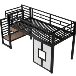 ModernLuxe Lit mezzanine en métal 90x200cm - Avec escalier de rangement - Avec éclairage LED - Design fenêtre - Noir ( sans matelas )* Lit Mezzanine