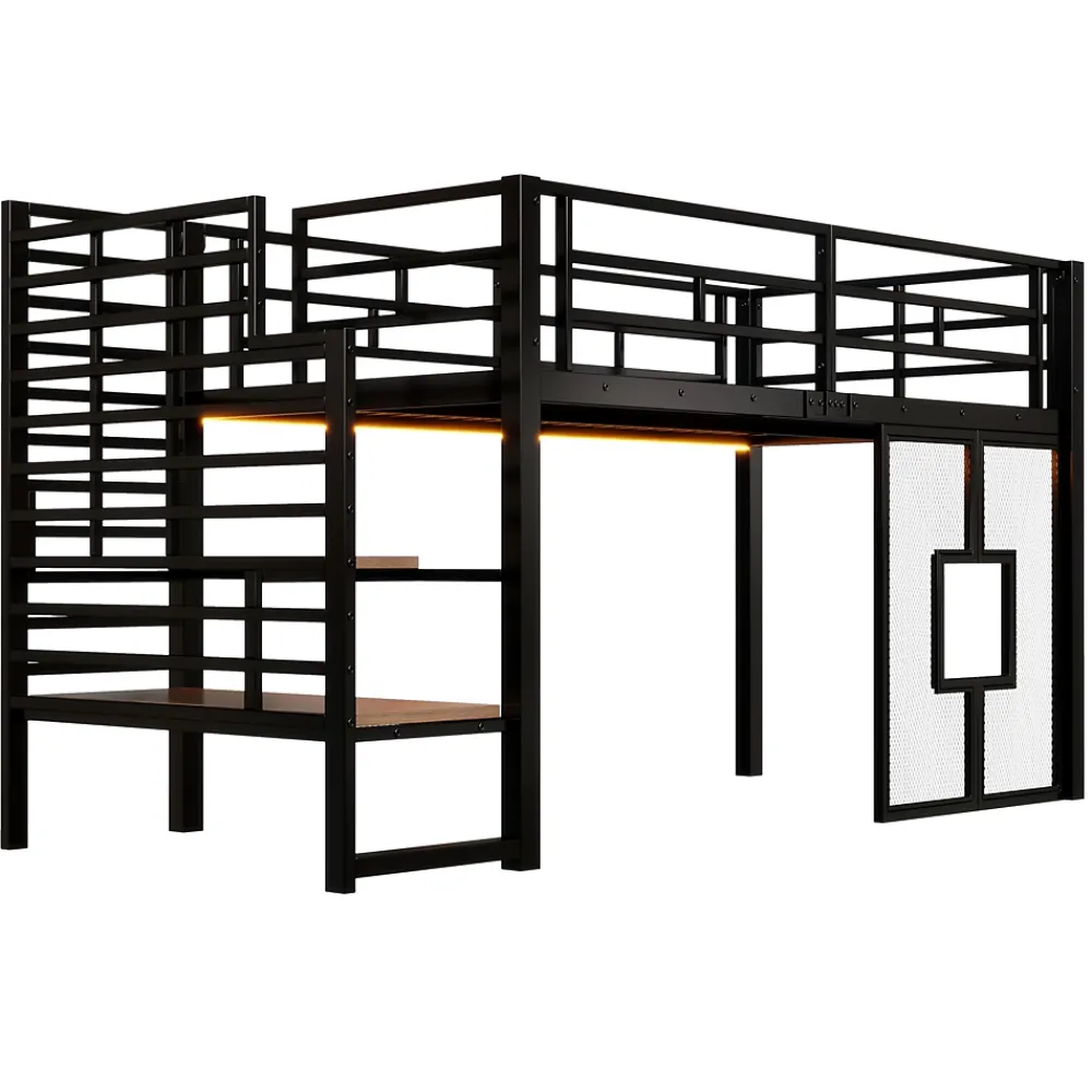 ModernLuxe Lit mezzanine en métal 90x200cm - Avec escalier de rangement - Avec éclairage LED - Design fenêtre - Noir ( sans matelas )* Lit Mezzanine