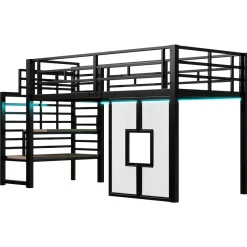 ModernLuxe Lit mezzanine en métal 90x200cm - Avec escalier de rangement - Avec éclairage LED - Design fenêtre - Noir ( sans matelas )* Lit Mezzanine
