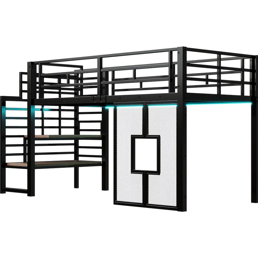 ModernLuxe Lit mezzanine en métal 90x200cm - Avec escalier de rangement - Avec éclairage LED - Design fenêtre - Noir ( sans matelas )* Lit Mezzanine