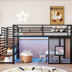 ModernLuxe Lit mezzanine en métal 90x200cm - Avec escalier de rangement - Avec éclairage LED - Design fenêtre - Noir ( sans matelas )* Lit Mezzanine