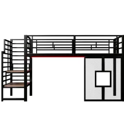 ModernLuxe Lit mezzanine en métal 90x200cm - Avec escalier de rangement - Avec éclairage LED - Design fenêtre - Noir ( sans matelas )* Lit Mezzanine