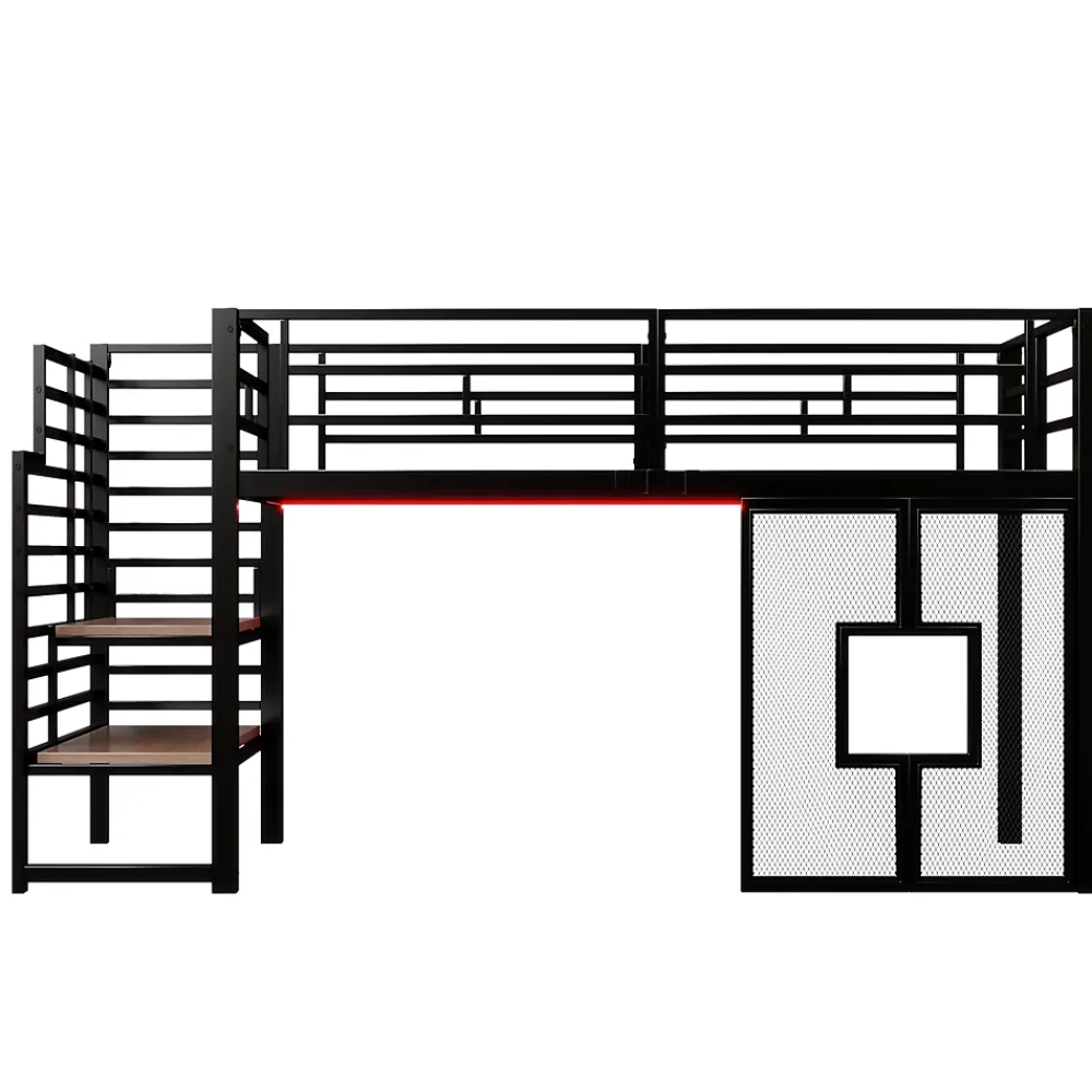 ModernLuxe Lit mezzanine en métal 90x200cm - Avec escalier de rangement - Avec éclairage LED - Design fenêtre - Noir ( sans matelas )* Lit Mezzanine