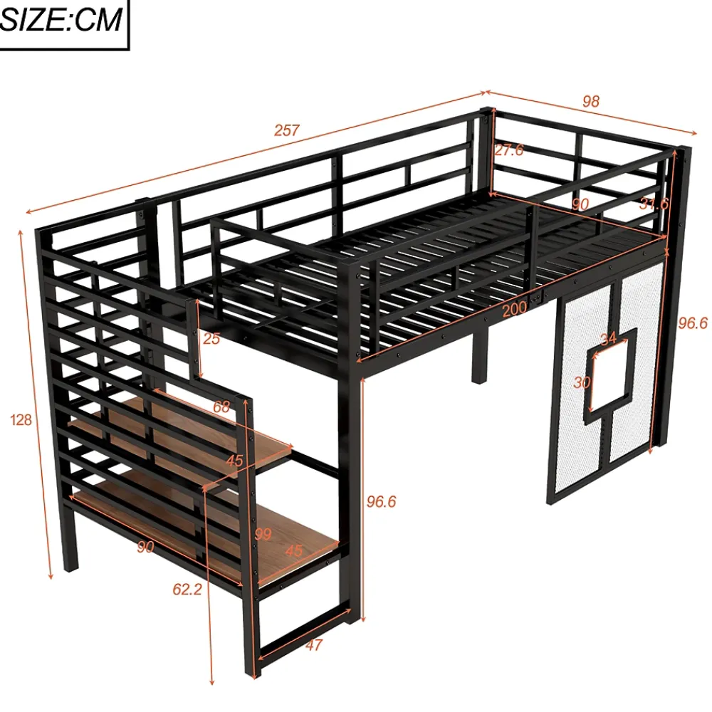 ModernLuxe Lit mezzanine en métal 90x200cm - Avec escalier de rangement - Avec éclairage LED - Design fenêtre - Noir ( sans matelas )* Lit Mezzanine