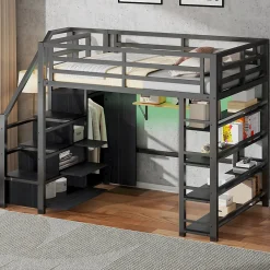 Lit mezzanine en métal 140x200cm - avec LED - échelle de rangement - avec armoire et étagères - Noir ( sans matelas)>ModernLuxe Sale