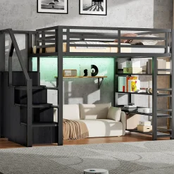 Lit mezzanine en métal 140x200cm - avec LED - échelle de rangement - avec armoire et étagères - Noir ( sans matelas)>ModernLuxe Sale
