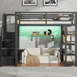Lit mezzanine en métal 140x200cm - avec LED - échelle de rangement - avec armoire et étagères - Noir ( sans matelas)><noscript><img width=