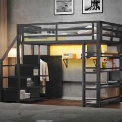 Lit mezzanine en métal 140x200cm - avec LED - échelle de rangement - avec armoire et étagères - Noir ( sans matelas)><noscript><img width=