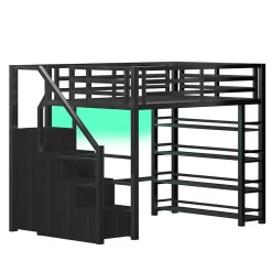 Lit mezzanine en métal 140x200cm - avec LED - échelle de rangement - avec armoire et étagères - Noir ( sans matelas)><noscript><img width=