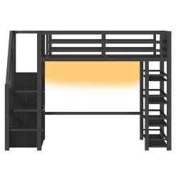 Lit mezzanine en métal 140x200cm - avec LED - échelle de rangement - avec armoire et étagères - Noir ( sans matelas)><noscript><img width=