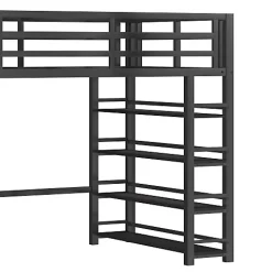 Lit mezzanine en métal 140x200cm - avec LED - échelle de rangement - avec armoire et étagères - Noir ( sans matelas)><noscript><img width=