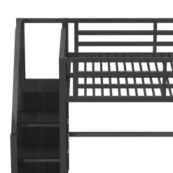 Lit mezzanine en métal 140x200cm - avec LED - échelle de rangement - avec armoire et étagères - Noir ( sans matelas)><noscript><img width=