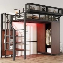 Lit mezzanine en métal 90x200cm avec armoire - échelle de sécurité - avec LED - barrières de sécurité - noir (sans matelas)>ModernLuxe Outlet