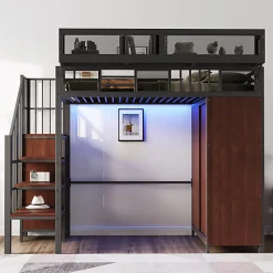 Lit mezzanine en métal 90x200cm avec armoire - échelle de sécurité - avec LED - barrières de sécurité - noir (sans matelas)>ModernLuxe Outlet