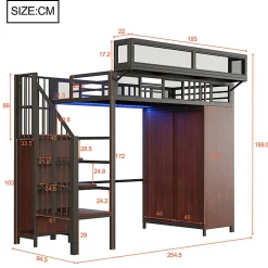 Lit mezzanine en métal 90x200cm avec armoire - échelle de sécurité - avec LED - barrières de sécurité - noir (sans matelas)><noscript><img width=