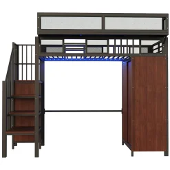 Lit mezzanine en métal 90x200cm avec armoire - échelle de sécurité - avec LED - barrières de sécurité - noir (sans matelas)><noscript><img width=